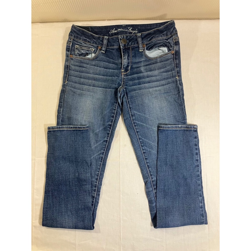 American‎ Eagle Skinny Super Stretch Jeans Womens 4 Long Medium Wash Blue Denim